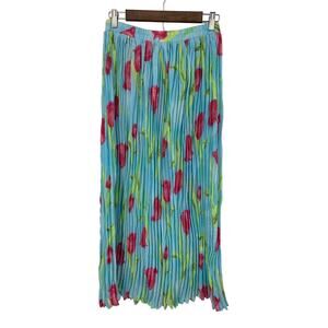Vintage Sharon Anthony Size S Aqua Colorful Floral Pleated Accordion Maxi Skirt